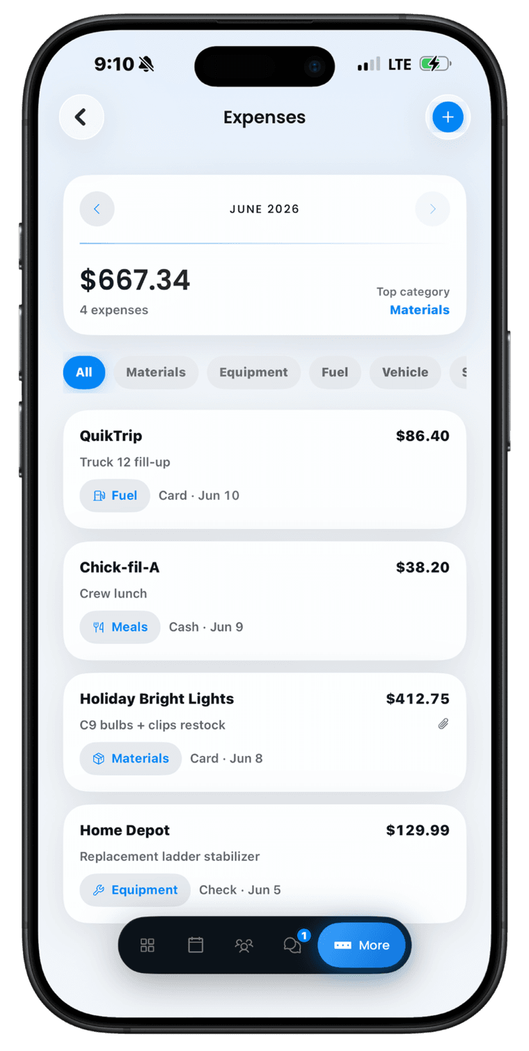 A crew logging and reviewing expenses from the field in the LightMaster app
