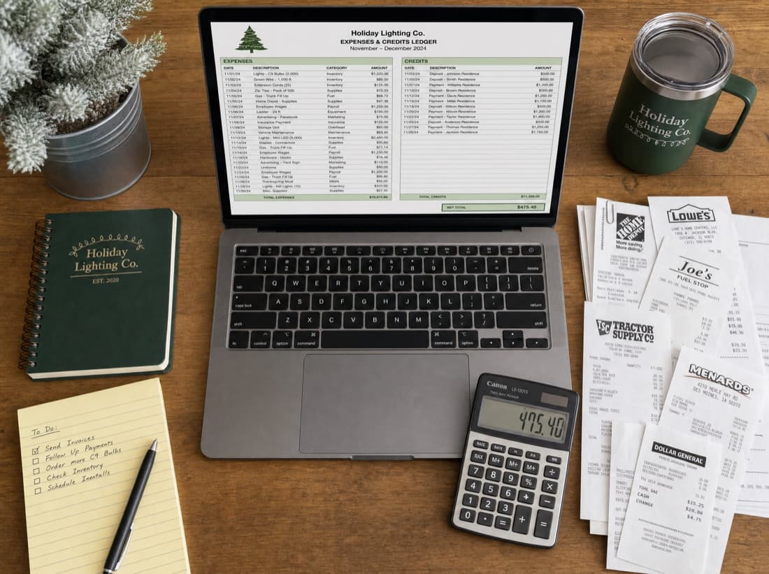 A holiday lighting company's expenses and credits ledger on a laptop, with receipts and a calculator