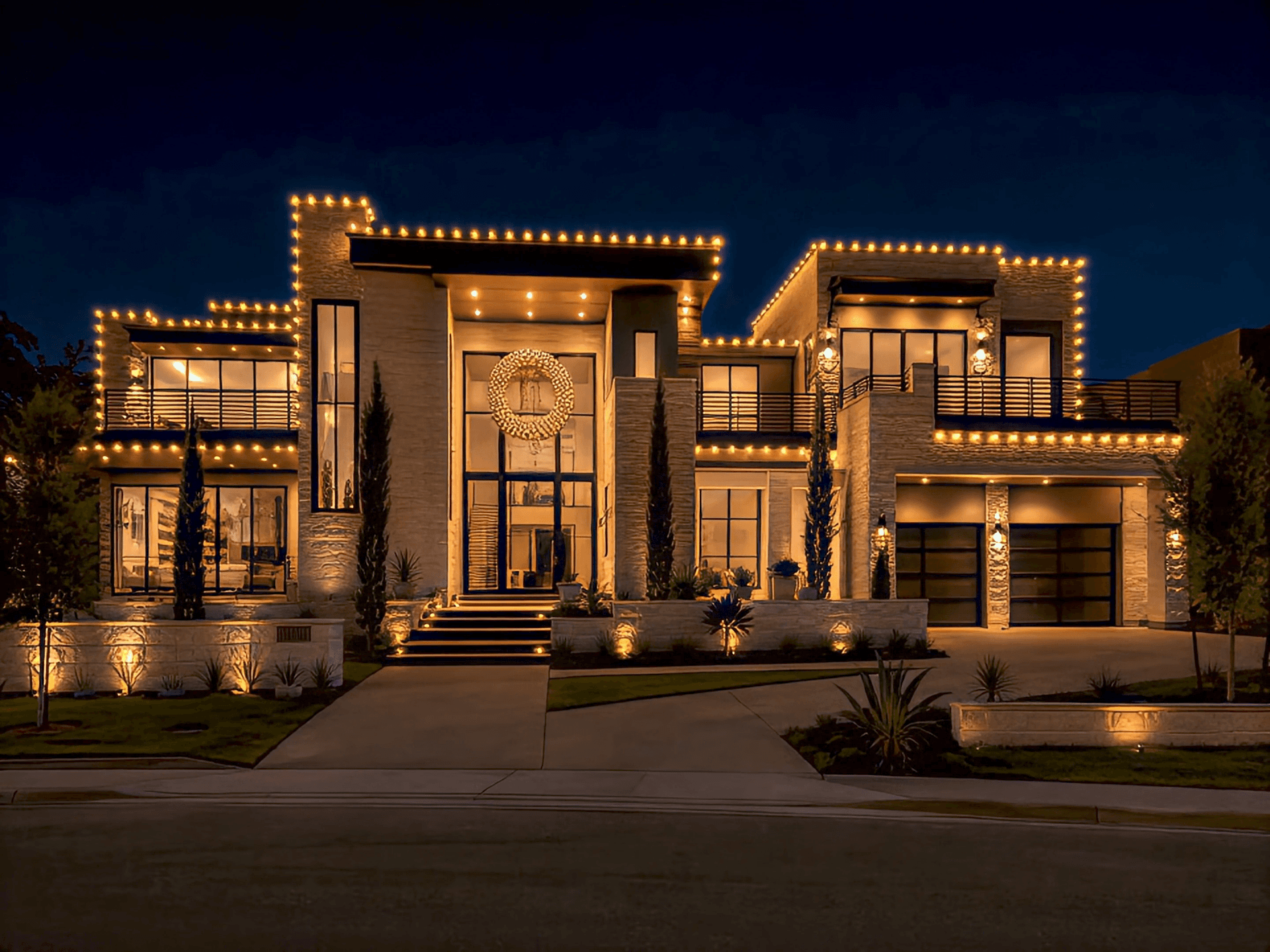 Two-story home lit with warm-white roofline lights against a night sky