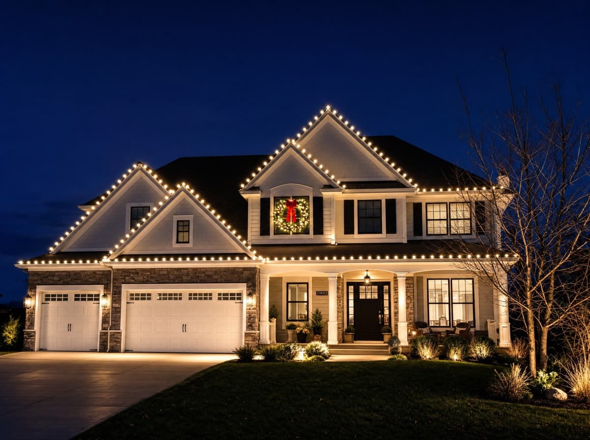 A two-story home fully outlined in warm-white holiday lights at night