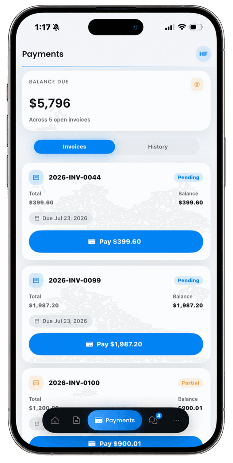 LightMaster customer payment screen showing open invoices and one-tap Pay buttons