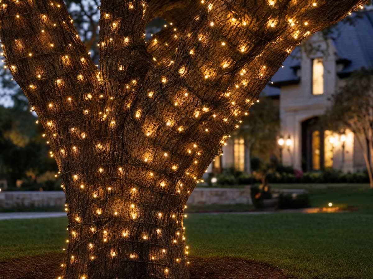 A live oak trunk wrapped in warm holiday lights