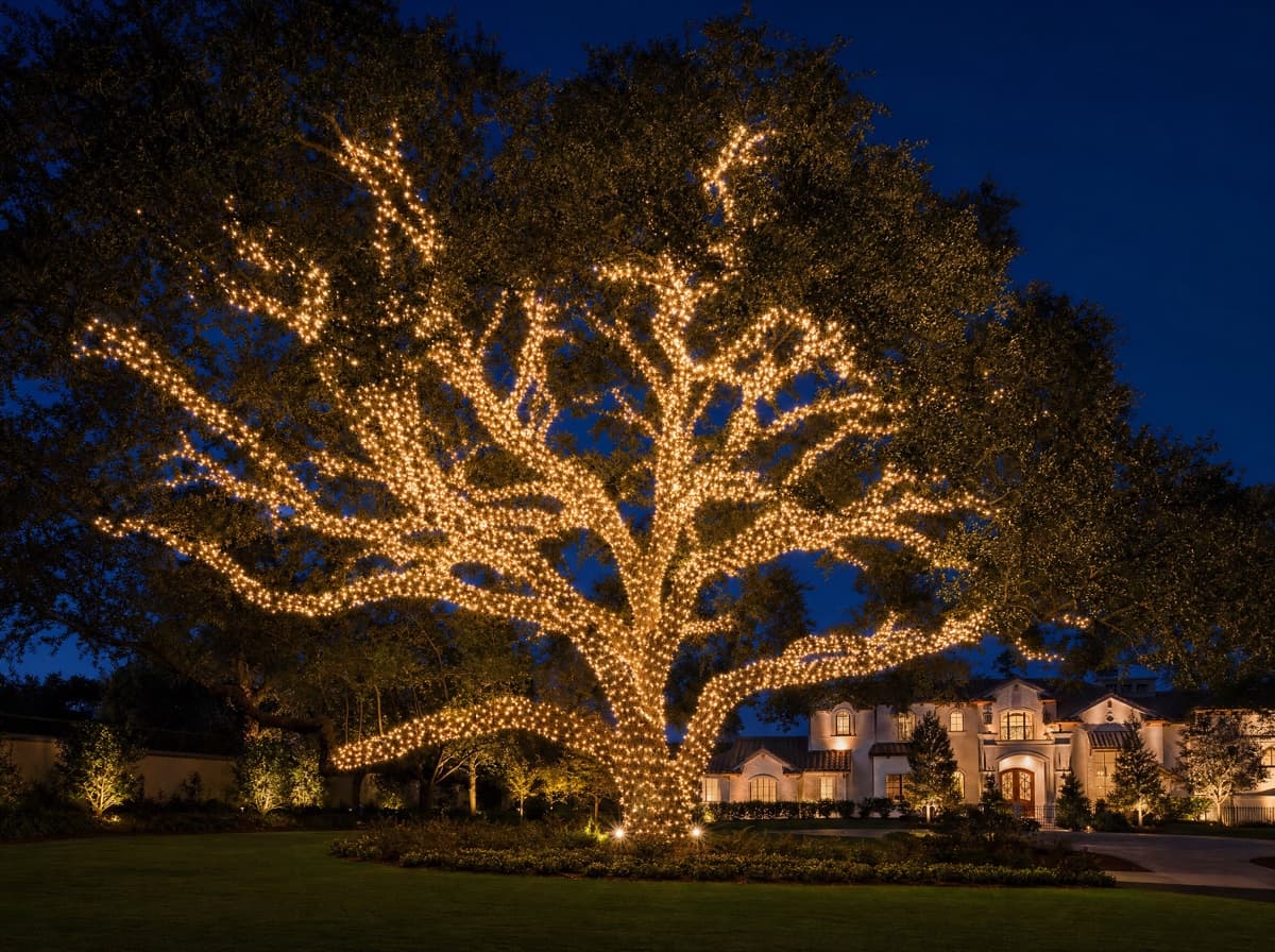 A large live oak fully decorated with holiday lights at night
