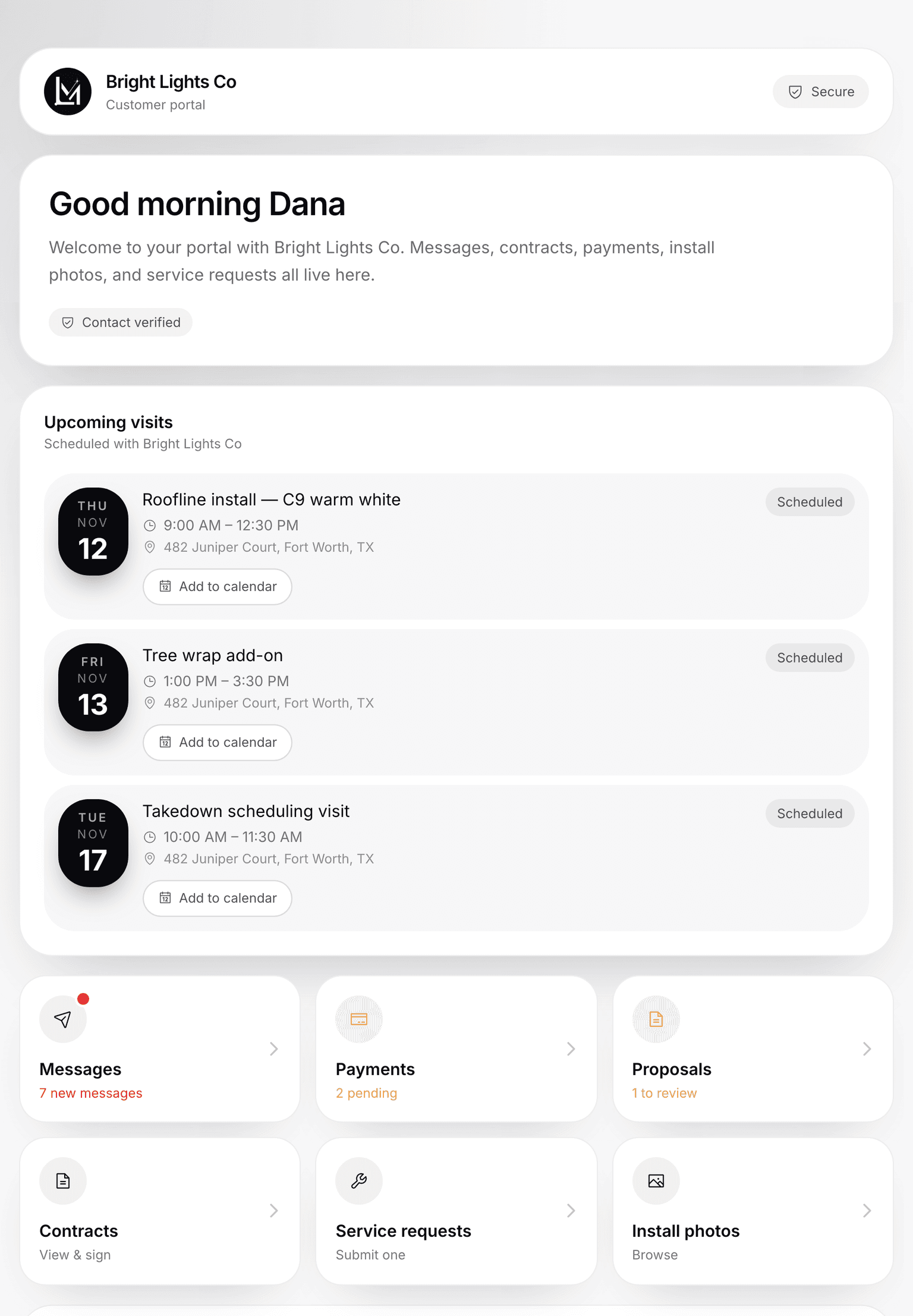 The LightMaster customer portal home — upcoming visits, messages, payments