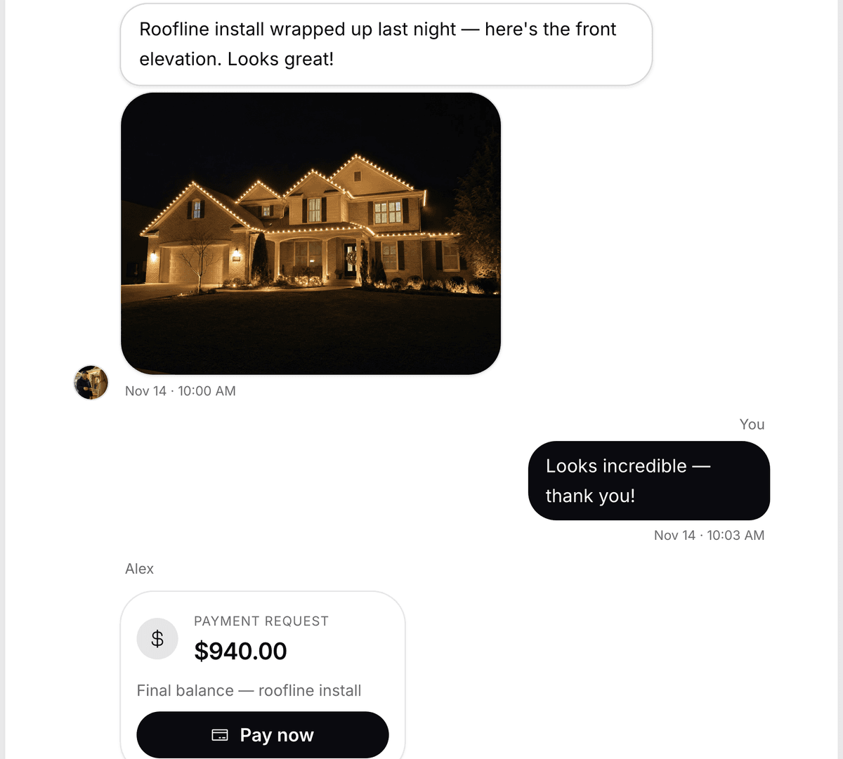 Two-way messaging in the portal with a job photo and a payment request card