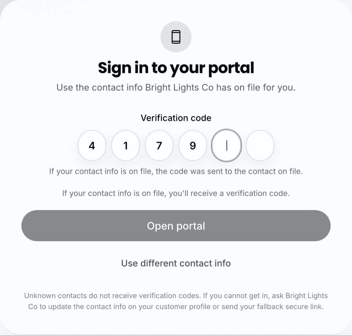 The LightMaster portal passwordless sign-in — enter a 6-digit code