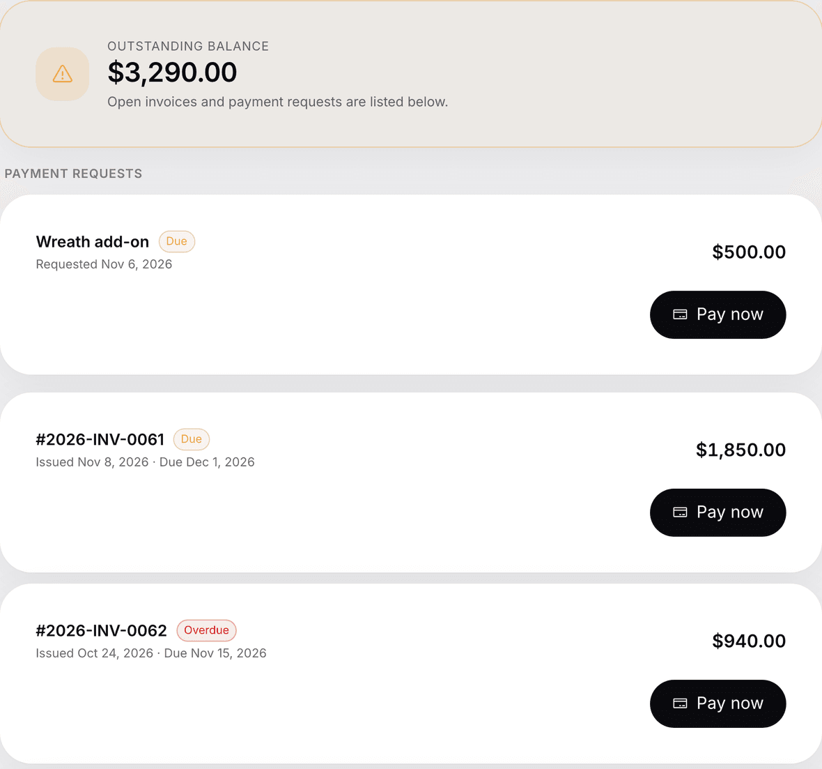 The portal payments tab — outstanding balance and each invoice labeled by status