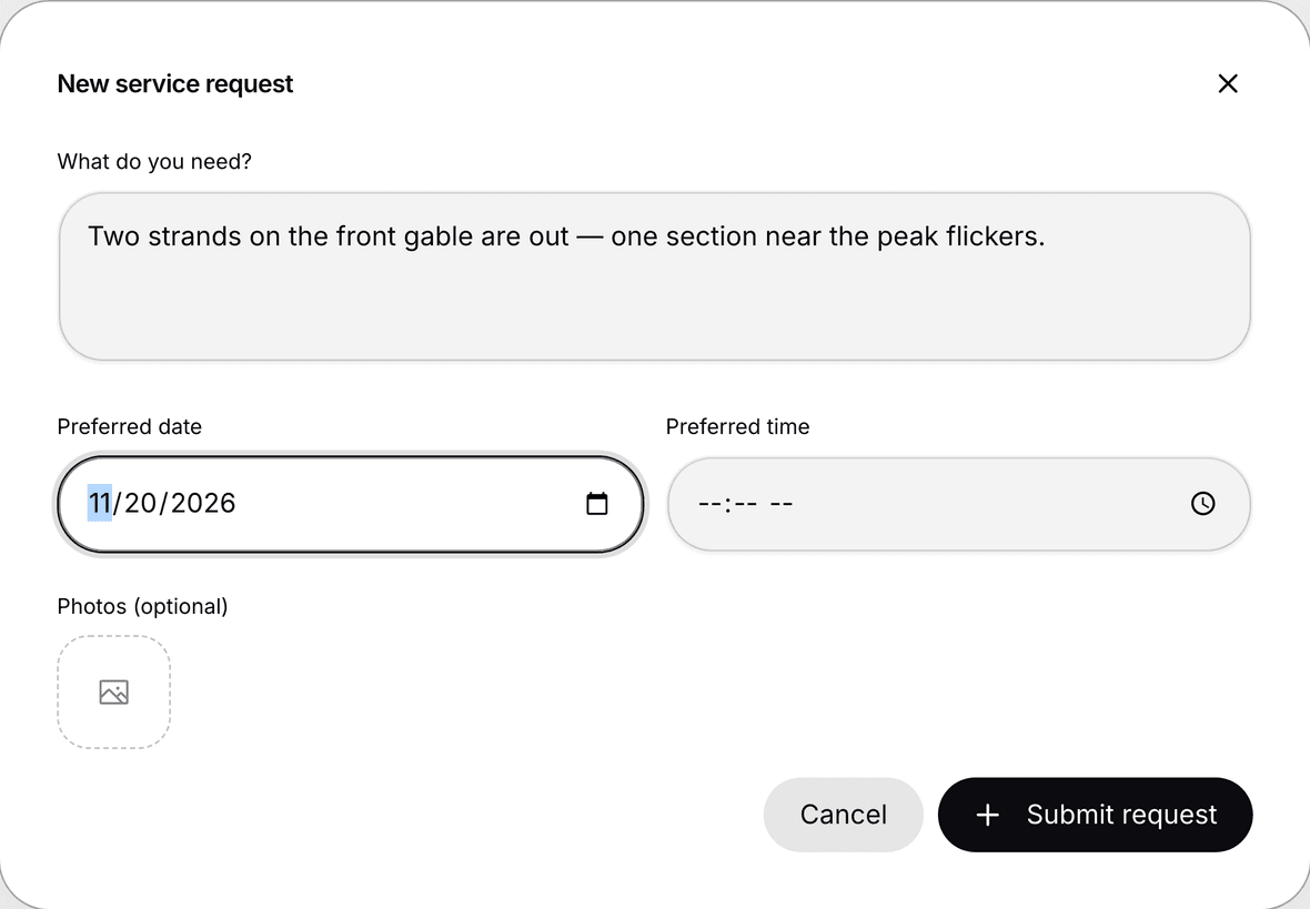 Submitting a service request in the portal with a description, preferred time, and photos
