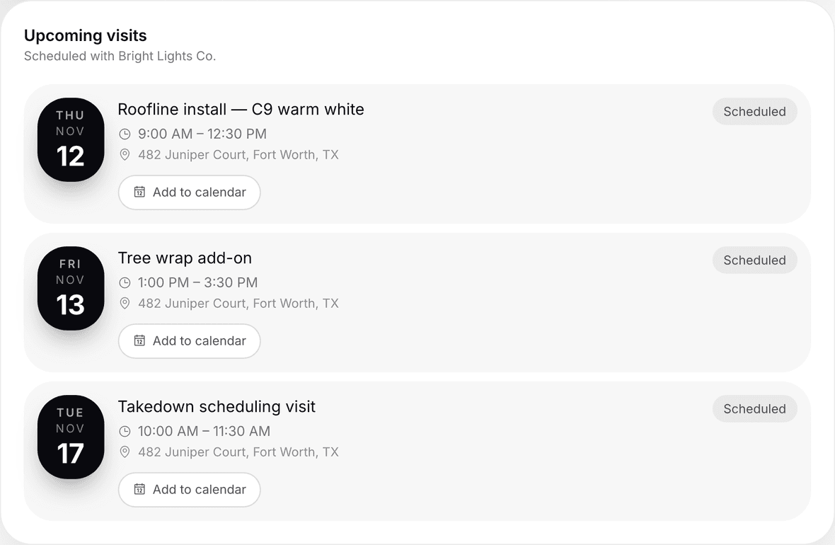 Upcoming visits in the portal — date, time window, address, and a status badge